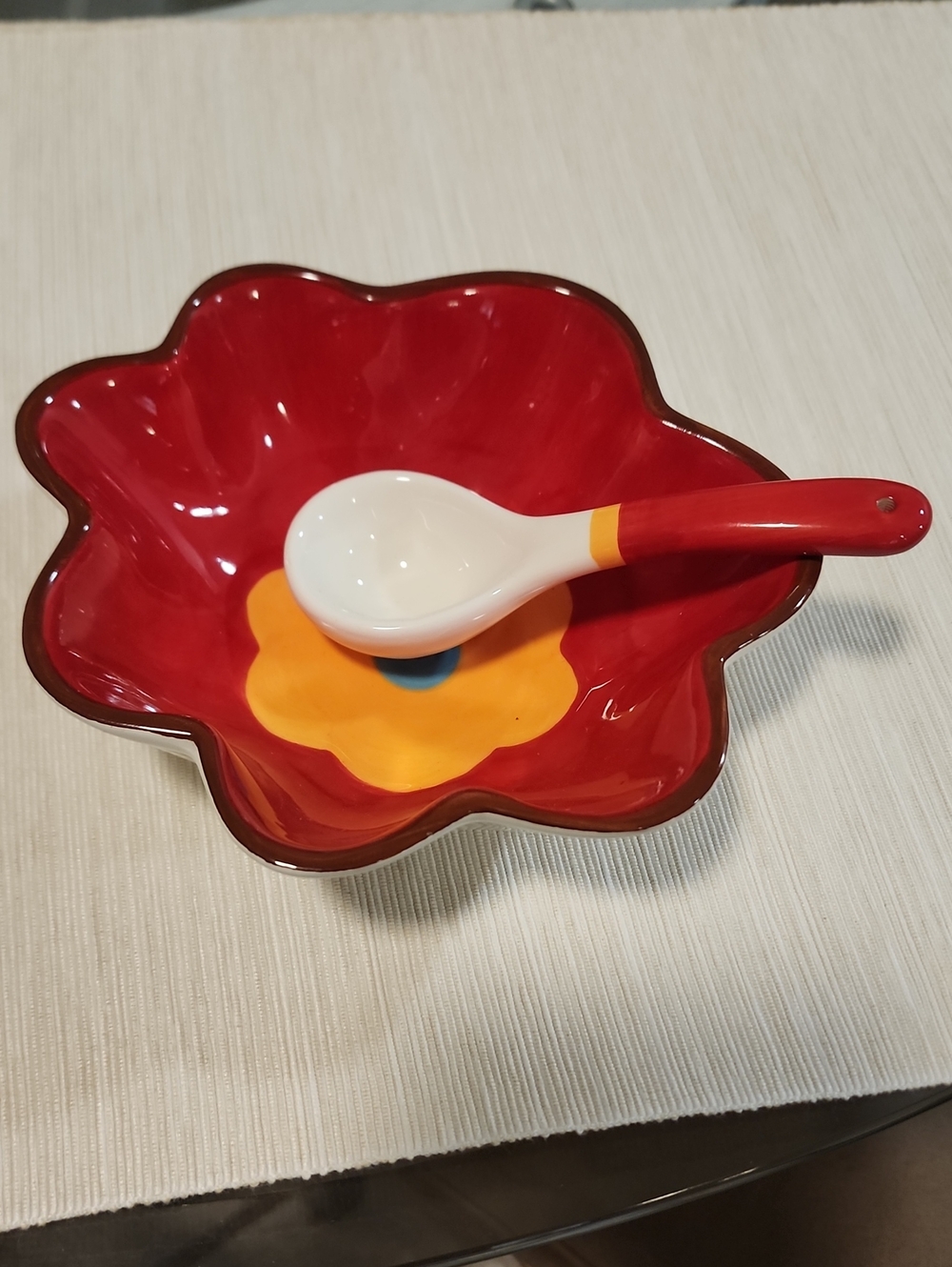 Boston Warehouse Decorative Red Flower-Shaped Ceramic Bowl with Spoon